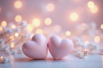 two pastel pink heart shaped decorations bokeh background