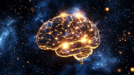 Glowing Brain Model with Connected Lines Amidst a Starry Background Visualizing Neural Network
