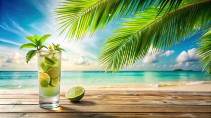 Obraz premium A refreshing lime and mint cocktail rests on a wooden table, with a backdrop of a picturesque tropical beach and palm leaves.
