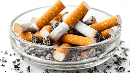Cigarette butts in an ashtray, isolated on a transparent or white background.