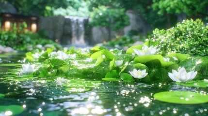Fototapeta premium White water lilies bloom on a serene pond with a waterfall in a lush green Japanese garden during a bright sunny day.