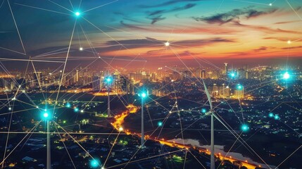 Fototapeta premium Connected Smart City at Sunset with Digital Lines and Nodes