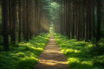 Obraz premium Serene Forest Pathway: Tranquil Greenery and Sunlight in a Lush Woodland