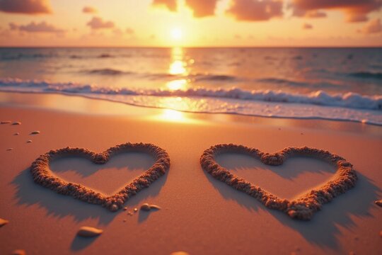 two heart shapes made from sand on beach at sunset scene