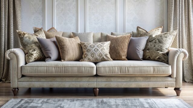 A plush, beige sofa with decorative pillows featuring intricate patterns and textures, set against a backdrop of elegant curtains and a tastefully paneled wall.