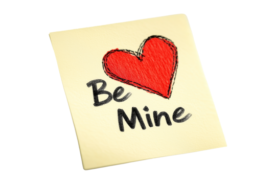 Hand drawn red heart sketch with Be Mine text below placed on a yellow textured paper isolated on white transparent background. Concept of love and affection