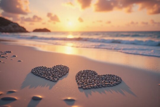 two heart shapes in sand on beach at sunset warm colors
