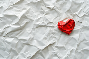 Minimalist Red Heart on White Crumpled Paper – Valentine's Day Card Concept, Generative AI