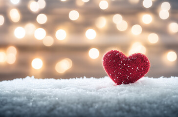 Obraz premium Romantic Red Heart on White Snow with Bokeh Lights – Valentine's Web Banner, Generative AI