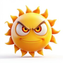 Fototapeta premium Cartoon sun character with fiery bright eyes and a confident smirk, centered on a clean white background