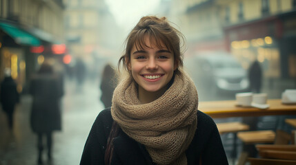 Fototapeta premium Smiling Young Woman in a Cozy Scarf on a Foggy City Morning