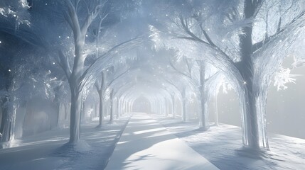 Naklejka premium Enchanted Frosty Pathway Through Trees in Winter Wonderland Scene