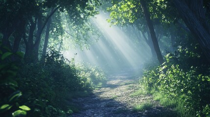 A serene forest pathway illuminated by soft sunlight filtering through the trees.