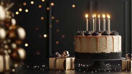 Elegant birthday scene, stylish cake with candles, luxury gift boxes, and a sophisticated greeting card. 