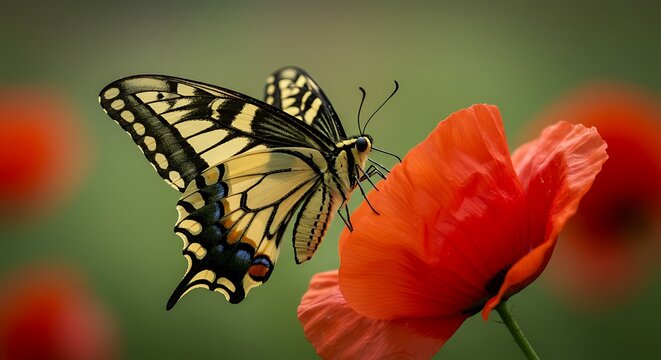 Swallowtail Butterfly on Red Poppy Flower