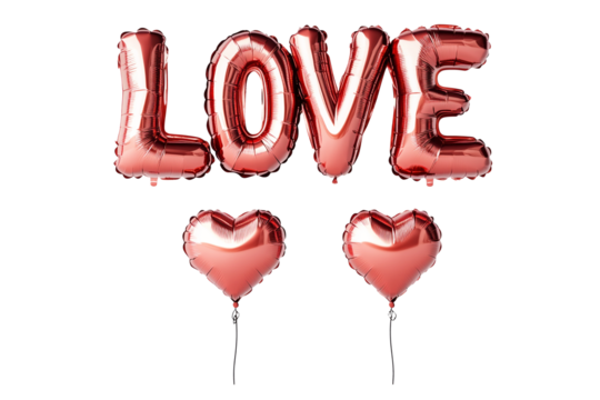 Shiny red foil balloon letters forming the word LOVE isolated on white transparent background. Romantic celebration and Valentine's Day concept