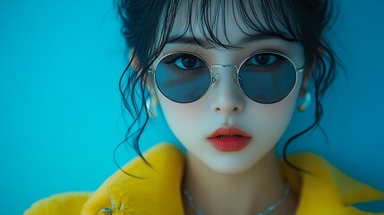 Fototapeta premium Woman in yellow jacket, sunglasses, studio portrait