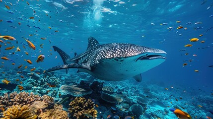 Fototapeta premium Awe - Inspiring Underwater Realm: The Panorama of a Gorgeous Coral Reef Teeming with Marine Life
