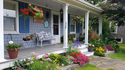 Obraz premium Charming Front Porch with Colorful Flower Garden