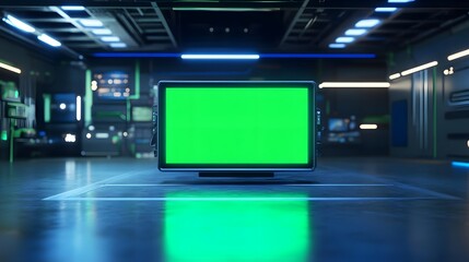 A digital display with a green screen in a futuristic environment.