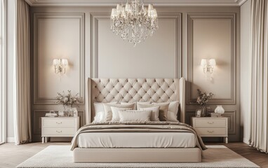 Chic Luxury Bedroom with a King-Size Bed, an Upholstered Headboard, a Crystal Chandelier, and a Soft Neutral Color Palette, Hotel-Style Elegance