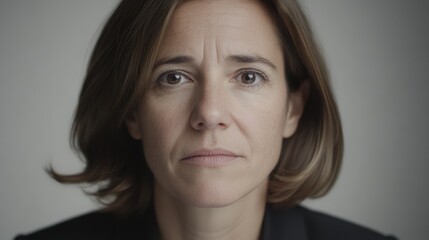 Fototapeta premium A head-on photograph of a Spanish woman in an office suit. Work on the computer. Large aperture lens, symmetrical composition, white background, white and silver color scheme
