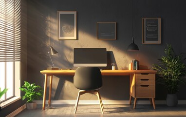 Contemporary home office with a sleek wooden desk, ergonomic chair, and modern tech setup, designed for productivity and style