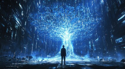 Obraz premium A Man Contemplates a Glowing Digital Tree in a Futuristic City