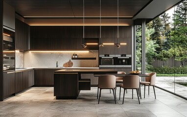 Fototapeta premium Contemporary kitchen with dark wood cabinets, integrated appliances, and a minimalist dining area, creating a refined and cozy space