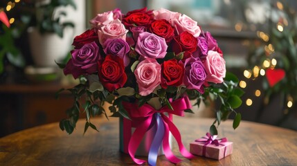 Obraz premium A festive birthday rose bouquet in pink and red hues, tied with colorful ribbons and accompanied by a small gift box on a wooden table.
