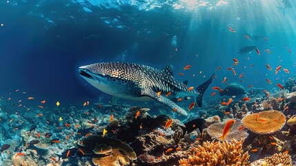 Fototapeta premium Awe - Inspiring Underwater Realm: The Panorama of a Gorgeous Coral Reef Teeming with Marine Life