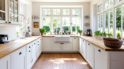 Sunny kitchen, farmhouse style, wood floors, garden view, home design