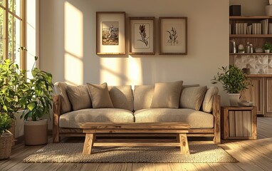 Cozy farmhouse-style living room with a soft fabric sofa, rustic wooden furniture, and warm earthy tones, creating a homely feel