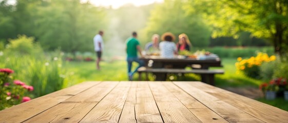 A wooden table in a lush green outdoor setting with people enjoying a meal in the background. A perfect scene for summer gatherings and celebrations.