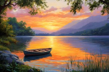 Serene Lakeside Sunset with Rowboat and Majestic Mountains Amidst Lush Greenery