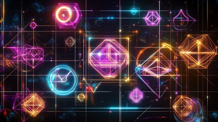 Obraz premium Abstract futuristic geometric shapes with vibrant neon lights floating on a dark background