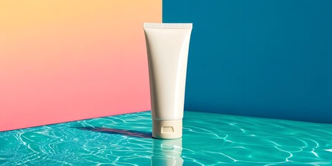White skincare tube mockup standing on a reflective turquoise water surface, against a vibrant gradient background. A dynamic and eye-catching beauty branding concept.