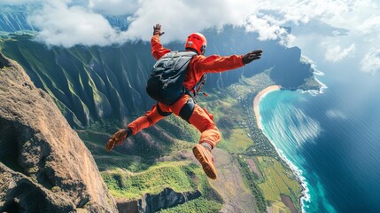 Thrilling BASE jump from a coastal cliff