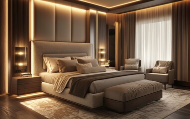 Cozy modern bedroom with a stylish upholstered bed, neutral tones, and soft lighting, creating a warm and inviting atmosphere