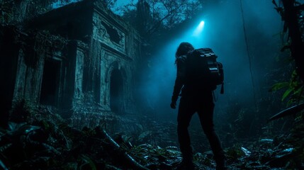 Silhouetted Explorer at Mysterious Jungle Ruins in the Rain
