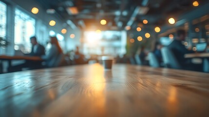 Busy cafe interior, wooden table, blurred people, coffee cup