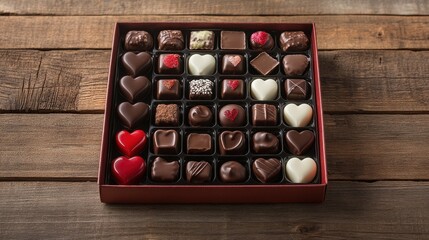 A beautifully arranged Valentine chocolate box with assorted dark, milk, and white chocolates, placed on a rustic wooden table.