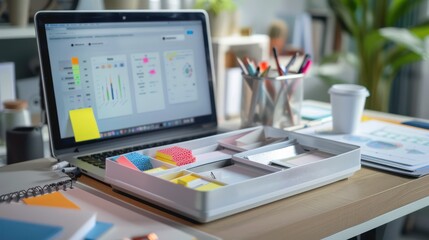 A tidy desk with an organizer holding office supplies, a laptop displaying a project management app, and neatly placed business documents.