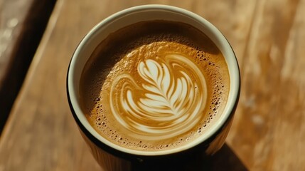Latte art, coffee shop, sunlight, wooden table, beverage