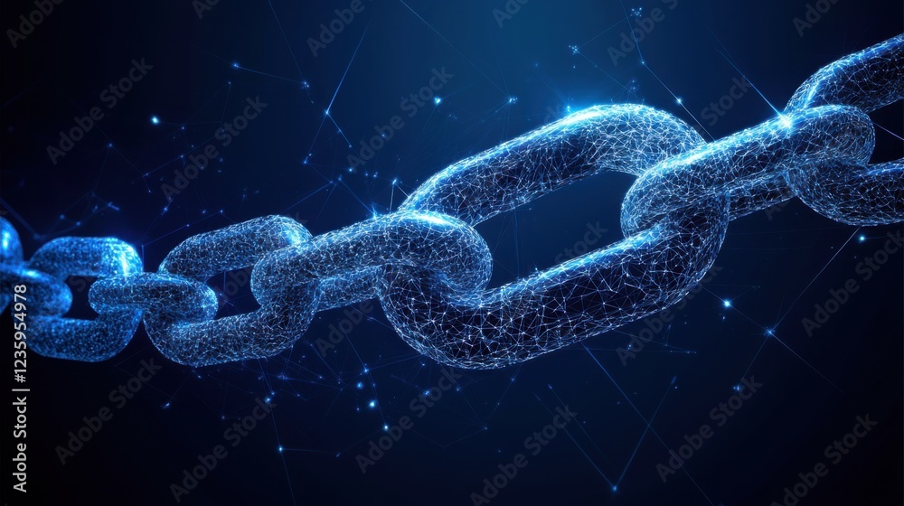 Poster futuristic digital chain link representing connectivity and blockchain technology in a dark backgrou