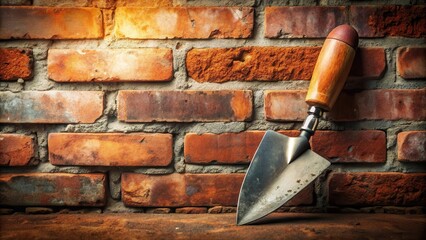 A weathered trowel rests against a rustic brick wall, its wooden handle worn smooth by time and use.