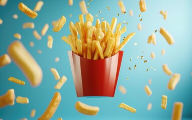 Crispy French Fries Box Floating on an Abstract Geometric Background, with Golden Fries Scattered Around in Mid-Air