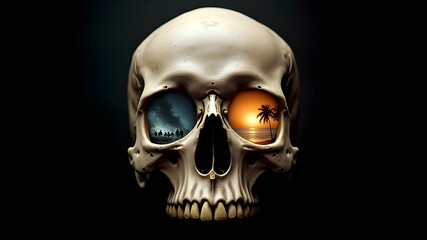 Obraz premium Surreal Skull Art: Digital Painting of a Skull with Ocean and Sunset Reflections in Eye Sockets