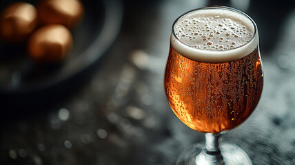 A glass glass of beer on a dark background. Advertising photo of beer. Beer is poured into a glass from a bottle.