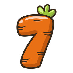 Funny Carrot Number 7, figure Seven. Cartoon of number with a vegetable concept. Calligraphy, lettering, typography for your Education cards or game